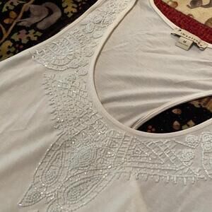 White Stretchy M Low Cut Tank Top with Beading Detail Deep Scoop Neck Racer Back